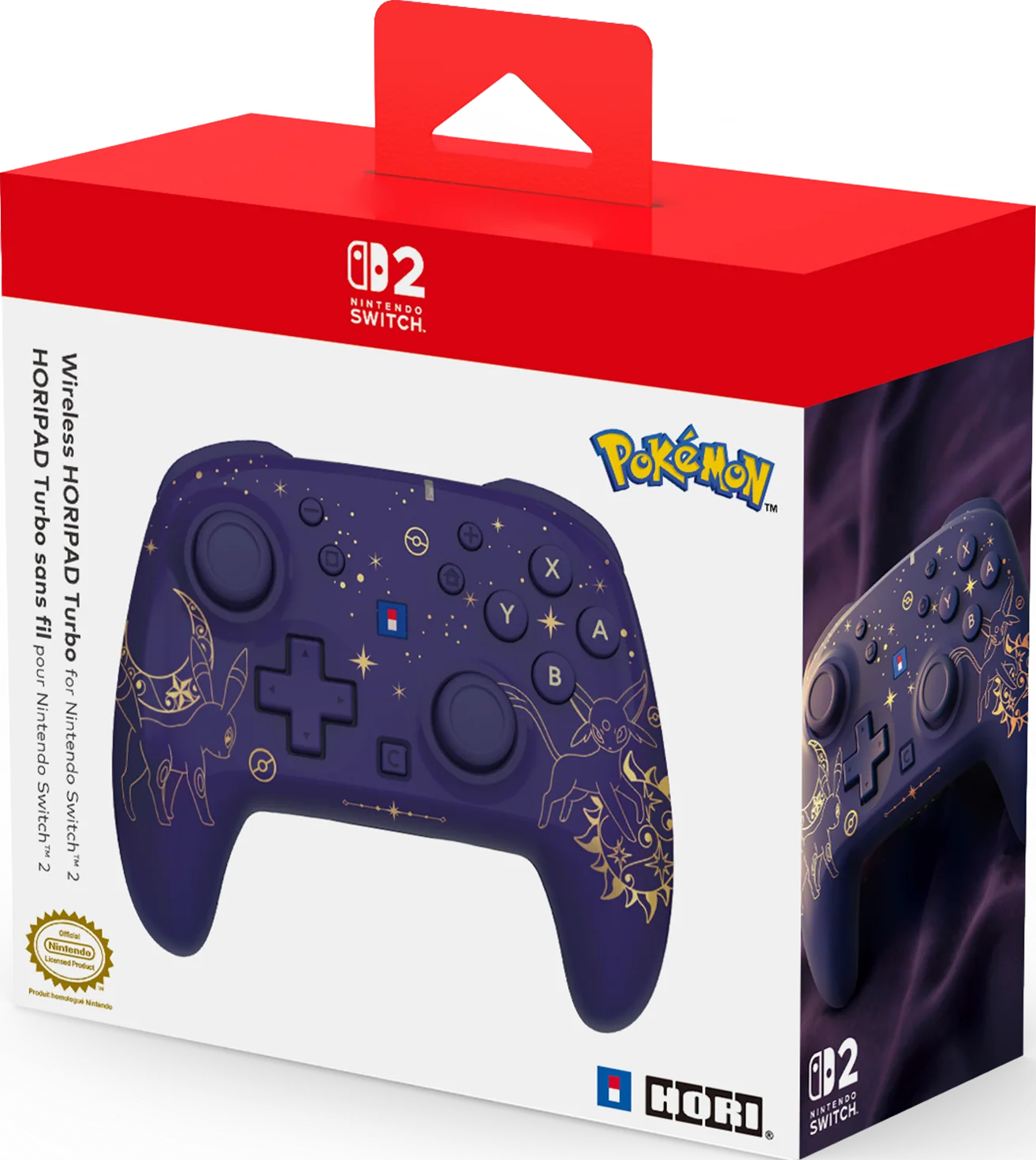 Scatola rossa e bianca per un controller Nintendo Switch Pokémon blu scuro decorato con stelle d'oro.