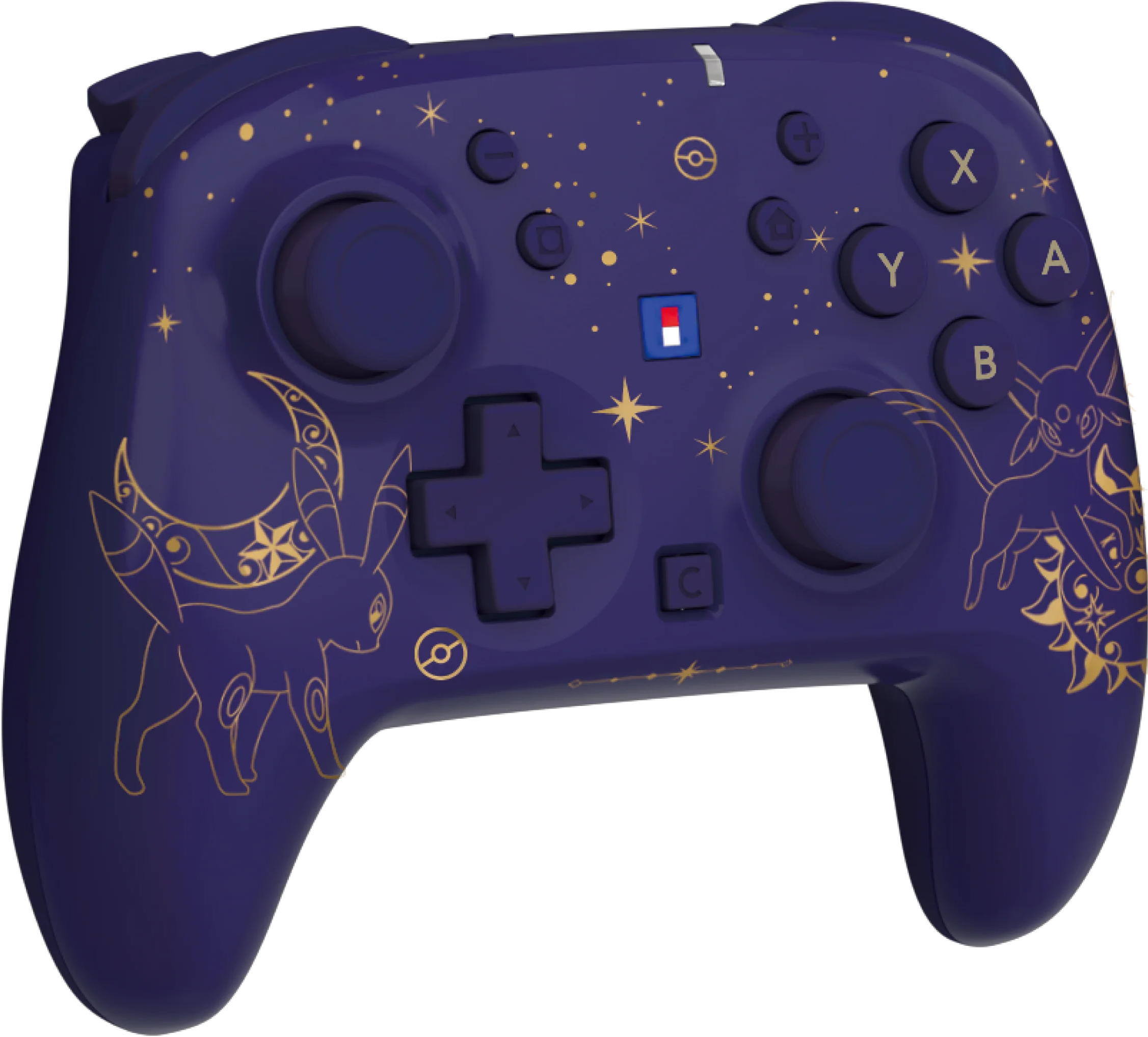 Controller di gioco viola con stelle dorate e disegni di gatti.
