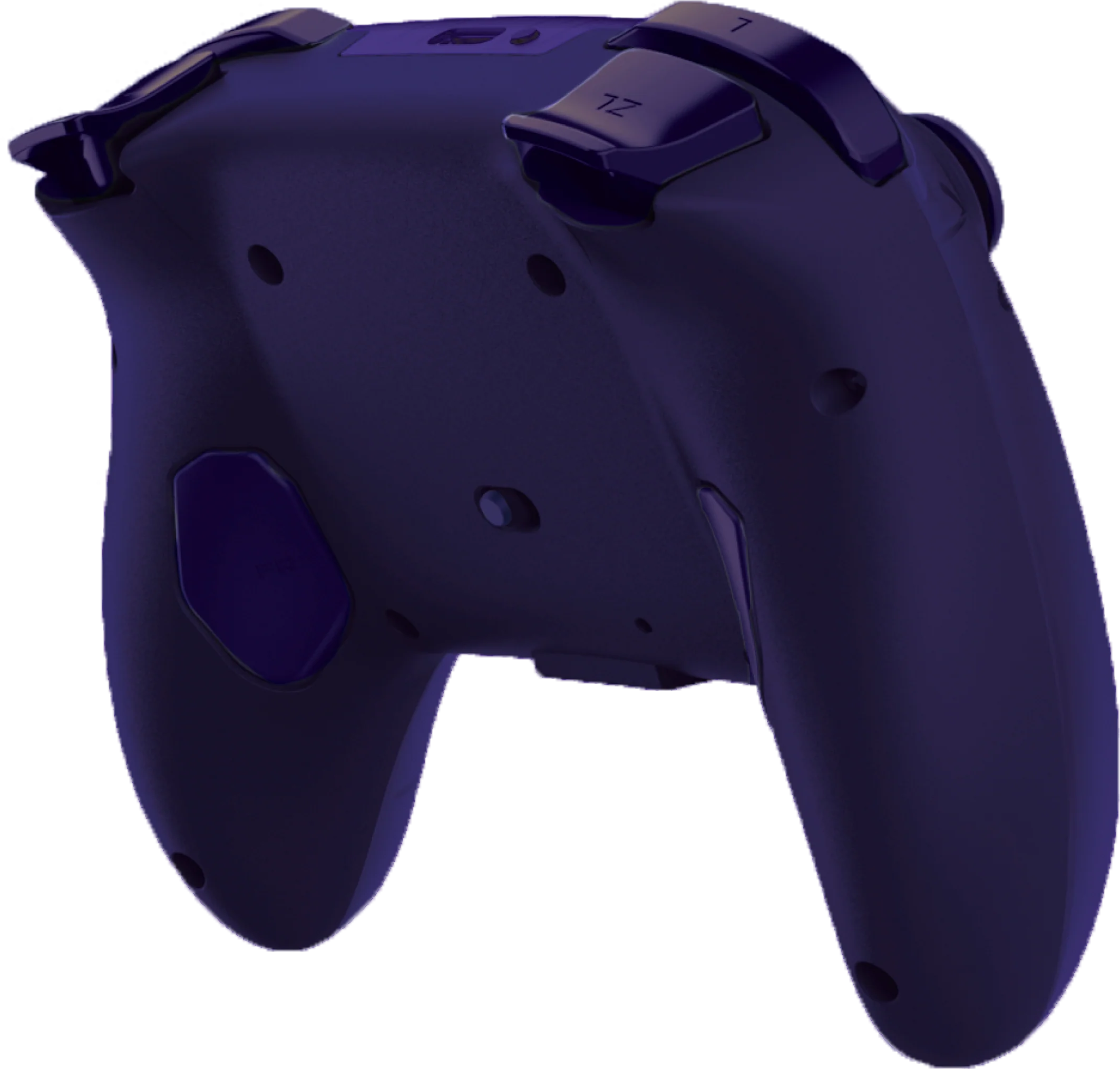 Retro di un controller per videogiochi viola scuro con pulsante ZL e varie impugnature su sfondo scuro.