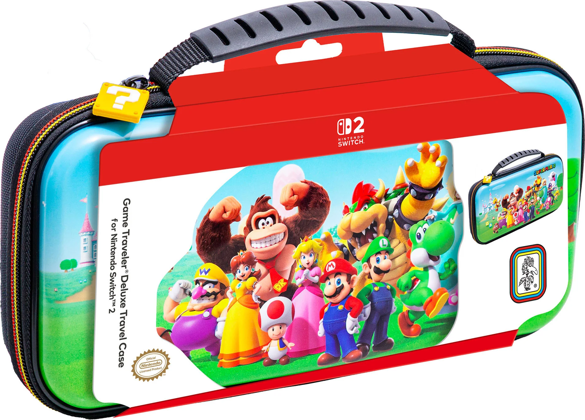 Custodia da viaggio deluxe per Nintendo Switch con Mario, Luigi, Bowser e altri personaggi sul fronte.