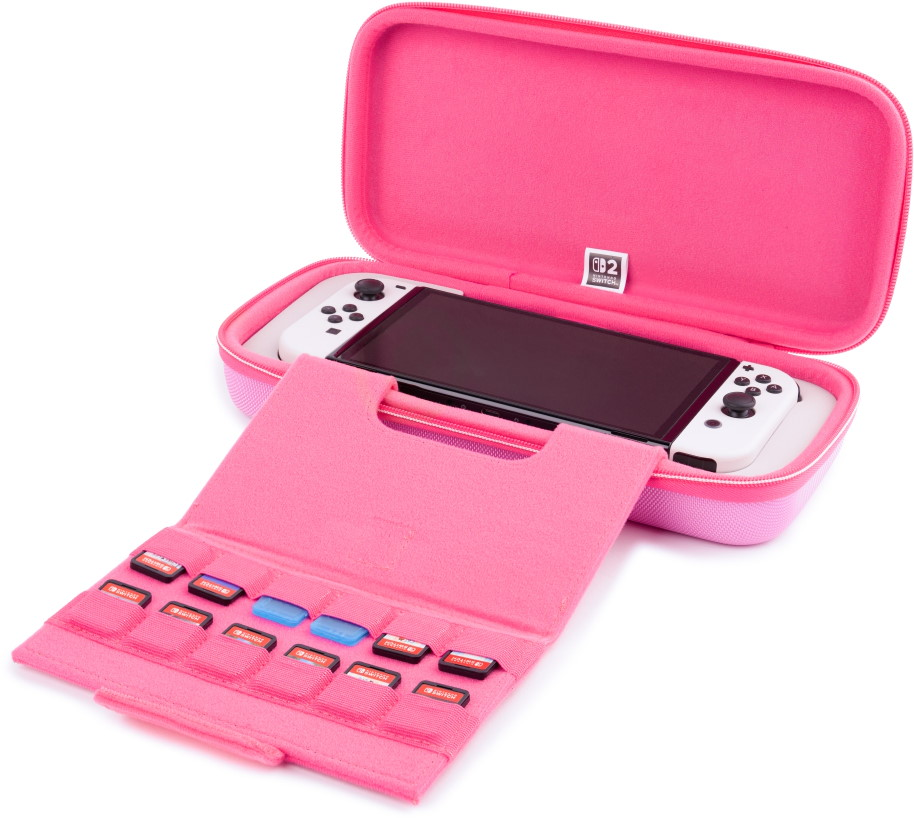 Una custodia rosa per Nintendo Switch che contiene la console e diverse cartucce.