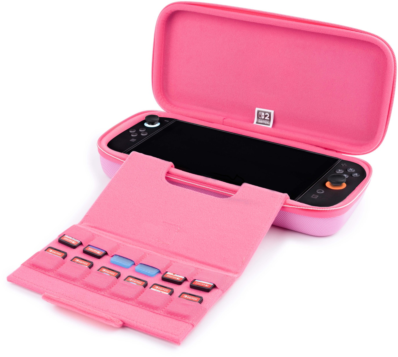 Una custodia rosa aperta per Nintendo Switch con una console e cartucce di gioco.