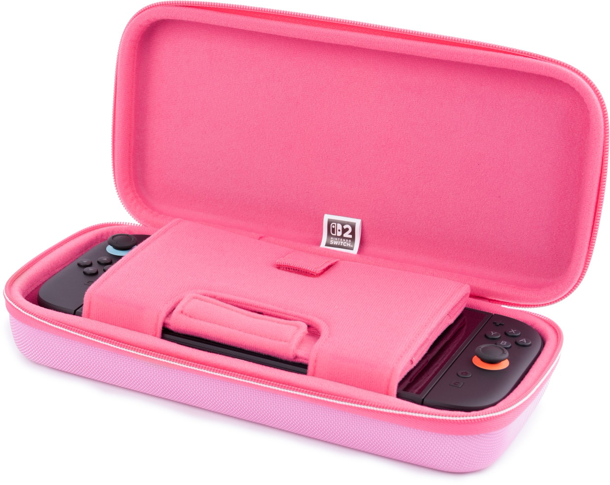 Una custodia rosa aperta per Nintendo Switch contenente una console nera.