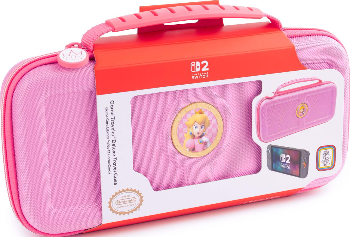Custodia da viaggio rosa per Nintendo Switch con la Principessa Peach e maniglia.