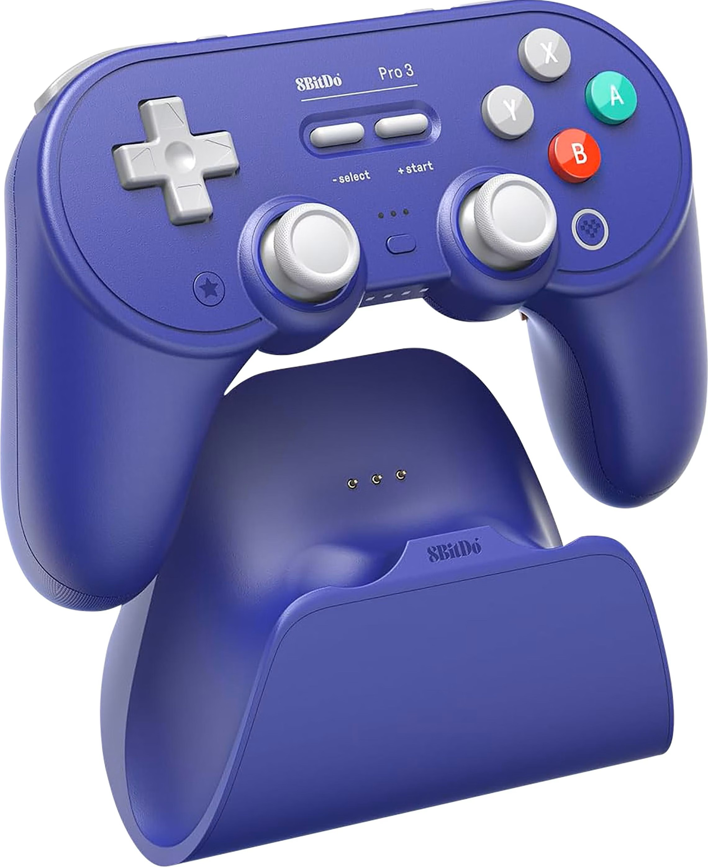 Un controller blu 8BitDo Pro 3 fluttua sopra la sua base di ricarica blu.