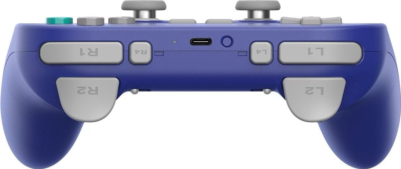 Gamepad blu con pulsanti grigi, L1, L2, R1, R2 e porta USB-C.