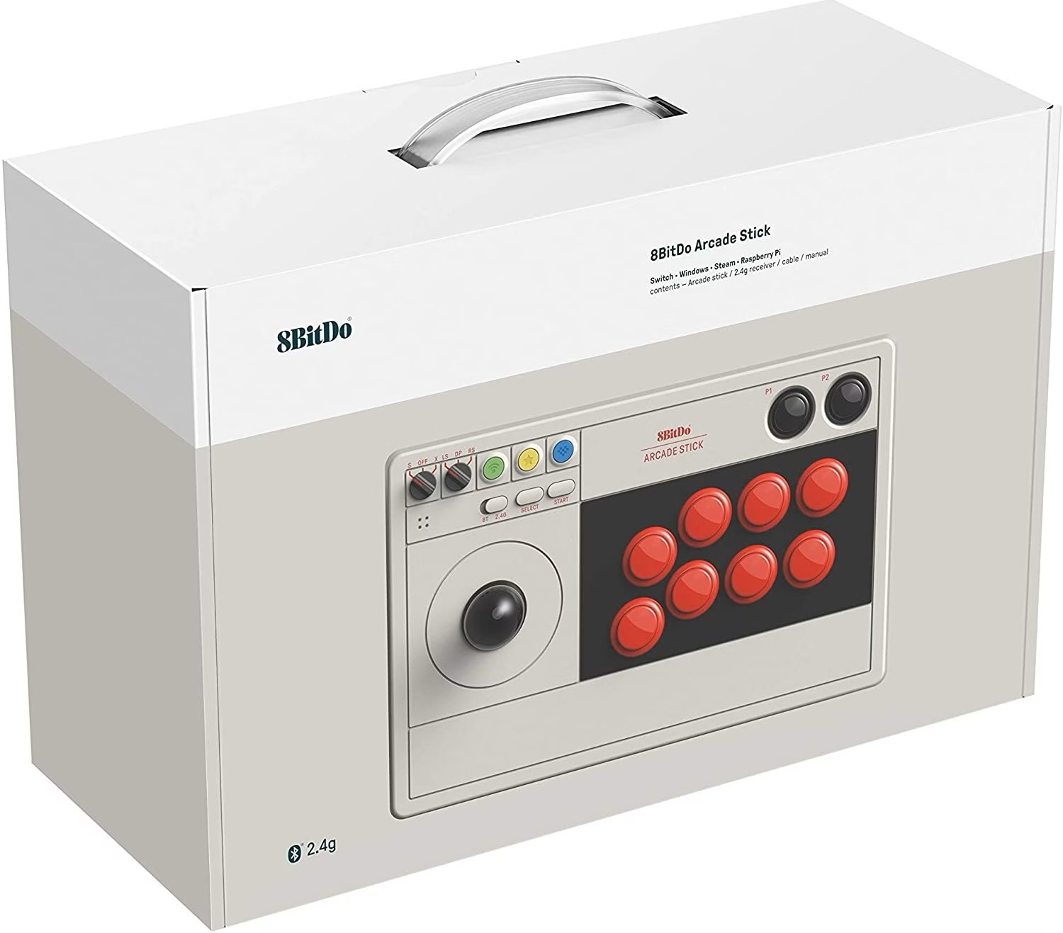 Scatola bianca 8BitDo Arcade Stick con maniglia e grafica del prodotto sul davanti.
