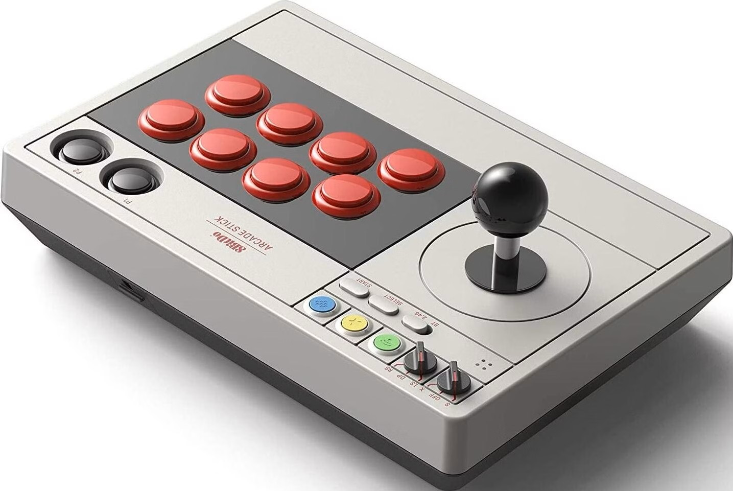 Joystick arcade retro con custodia grigia, otto pulsanti di azione rossi e un joystick nero.