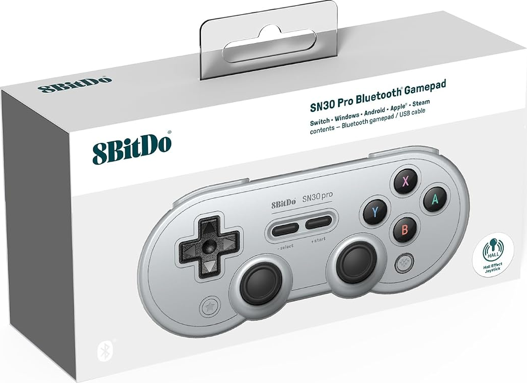 Scatola bianca del gamepad Bluetooth 8BitDo SN30 Pro con immagine del controller grigio.