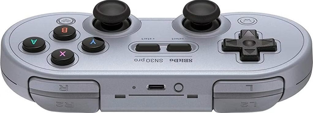 Controller wireless grigio 8BitDo SN30 Pro con pulsanti colorati, d-pad, due levette analogiche e tasti dorsali L/R.