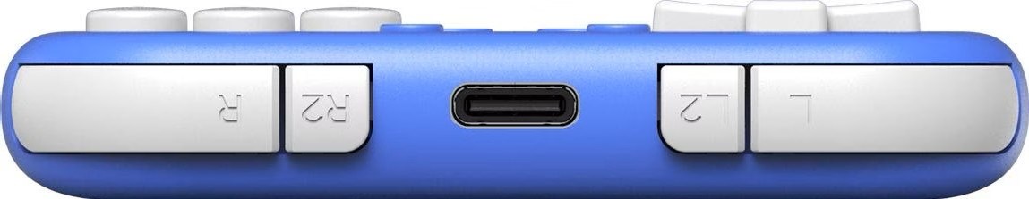 Console blu con tasti bianchi L, L2, R, R2 e porta USB-C centrale.