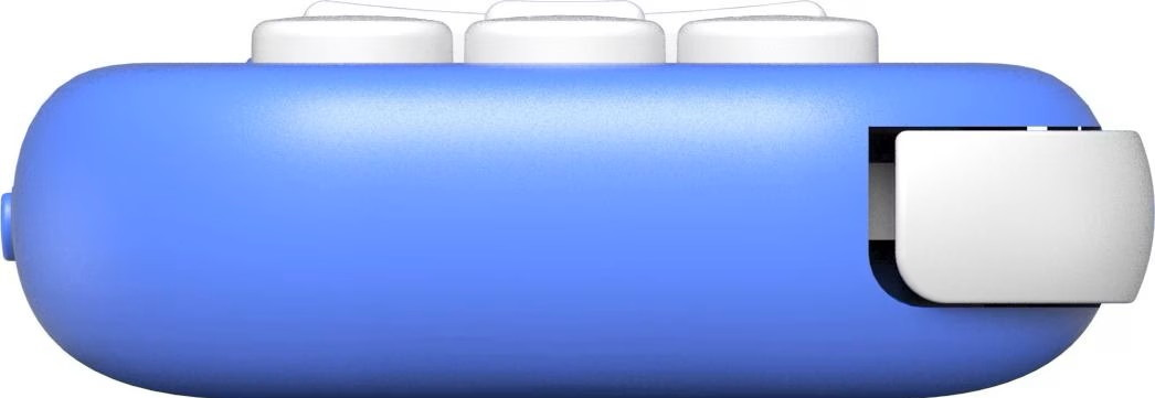 Un dispositivo blu con tre pulsanti bianchi rotondi in alto e un passante bianco sul lato, su sfondo bianco.