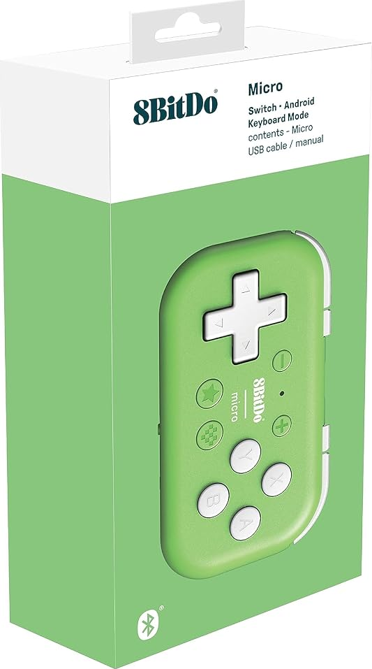 Confezione per un gamepad Bluetooth 8BitDo Micro verde, che mostra il controller compatto con pulsanti bianchi.
