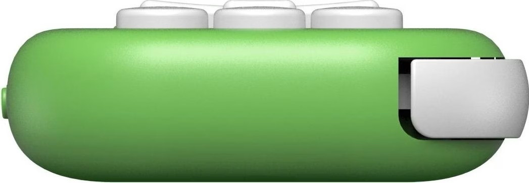 Un dispositivo elettronico verde con pulsanti bianchi e una clip laterale su sfondo bianco.