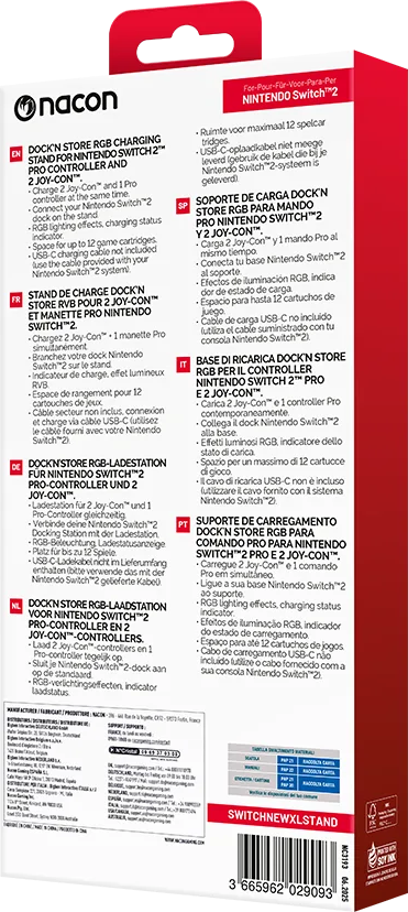 Retro di una scatola di prodotti Nacon rossa con testo multilingue e codice a barre.