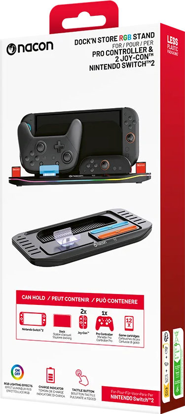 Confezione del supporto RGB Nacon per Nintendo Switch, Pro Controller e Joy-Cons su sfondo bianco e rosso.