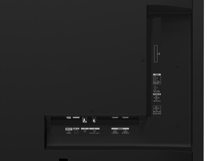 Tył czarnego telewizora z różnymi portami, w tym HDMI, USB i LAN.