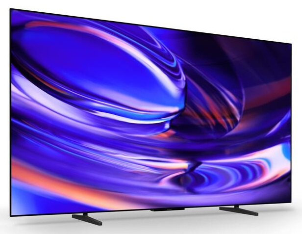 Telewizor płaskoekranowy wyświetlający kolorowy, abstrakcyjny wzór w kolorze niebieskim i fioletowym.