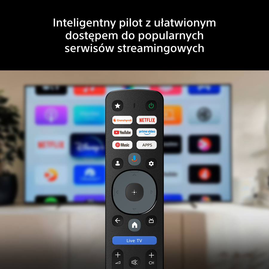 Inteligentny pilot ze skrótami do serwisów streamingowych na tle telewizora.