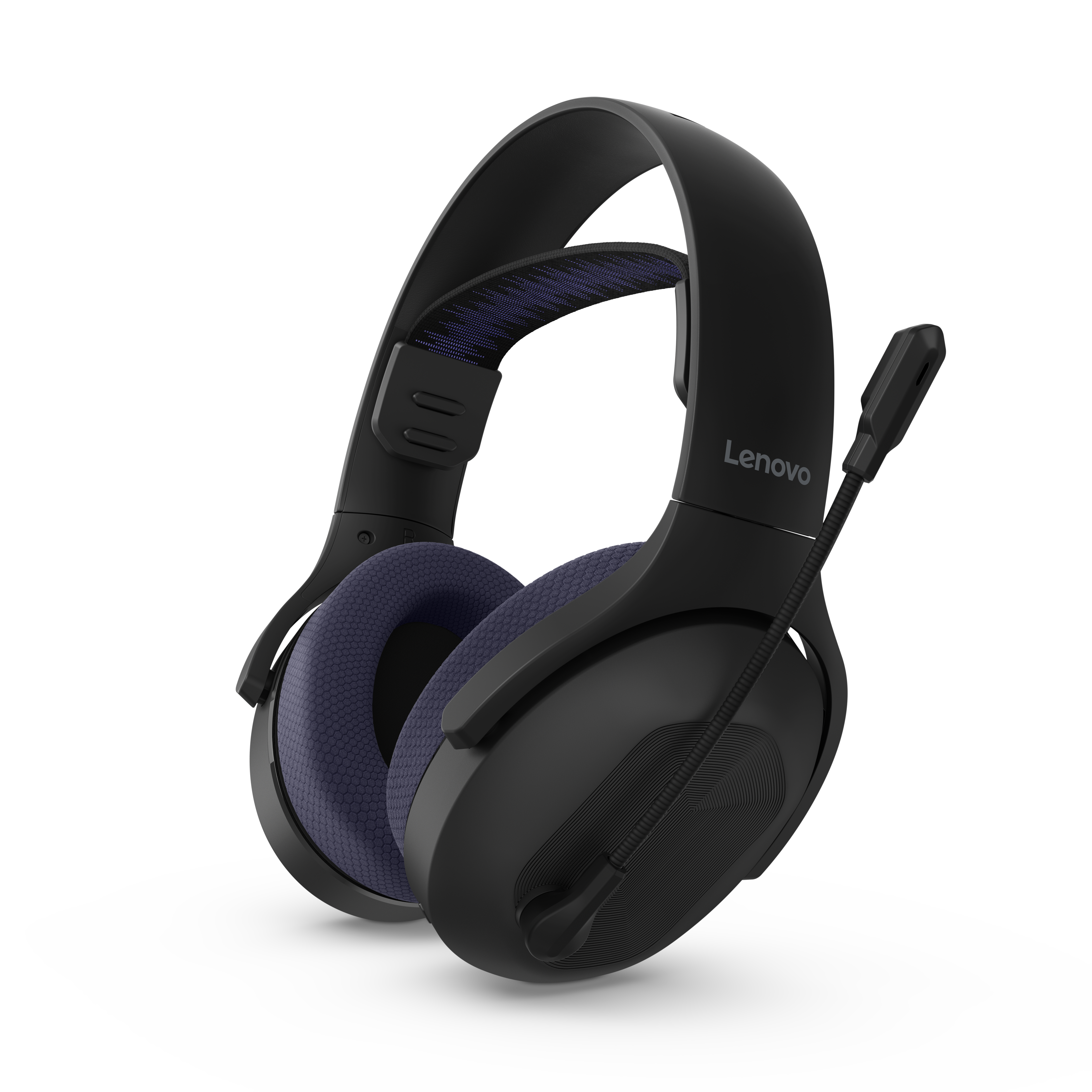 Auriculares negros Lenovo para juegos con almohadillas azules y micrófono sobre fondo blanco.