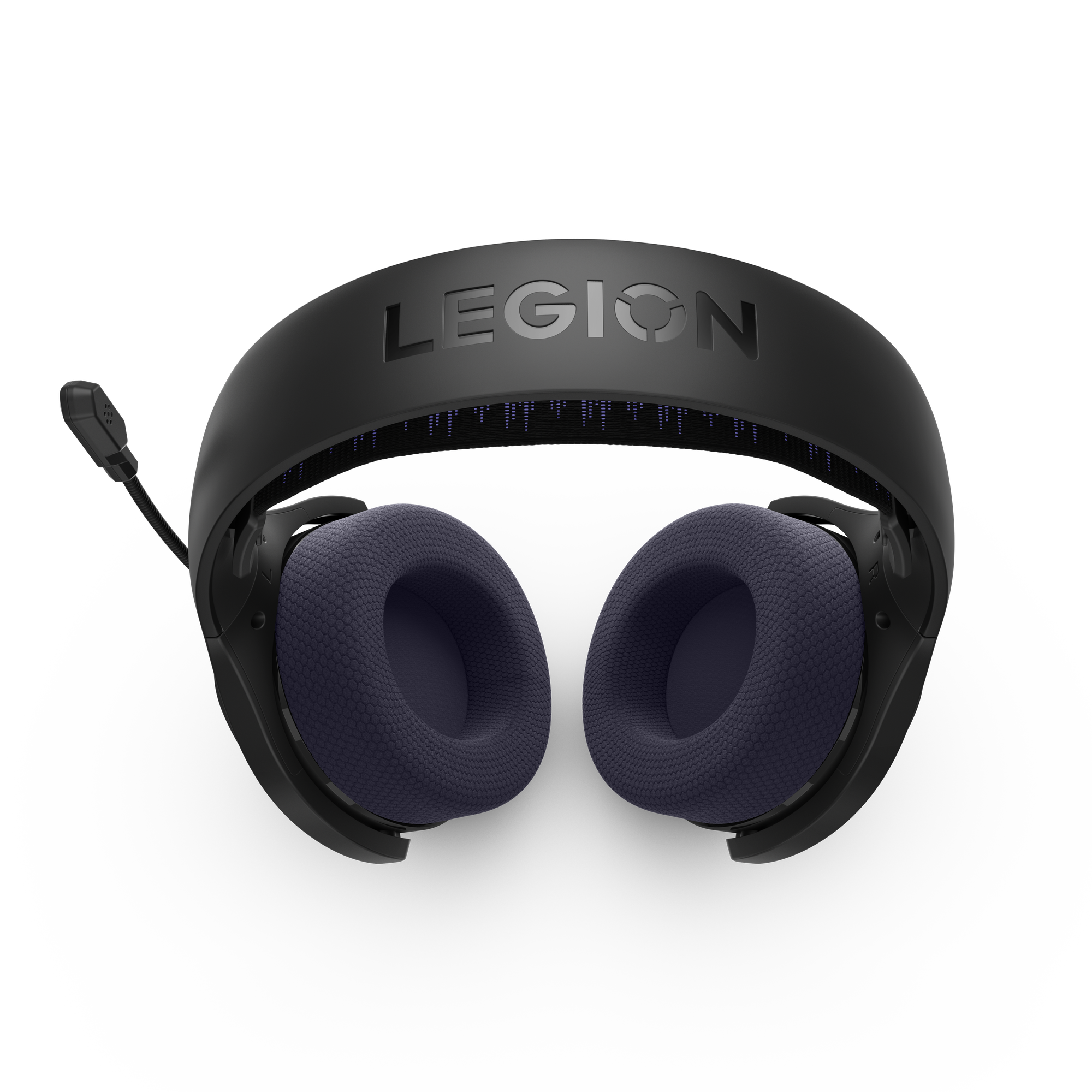 Auriculares negros para juegos con marca Legion, almohadillas de tela morada y micrófono adjunto sobre fondo negro.