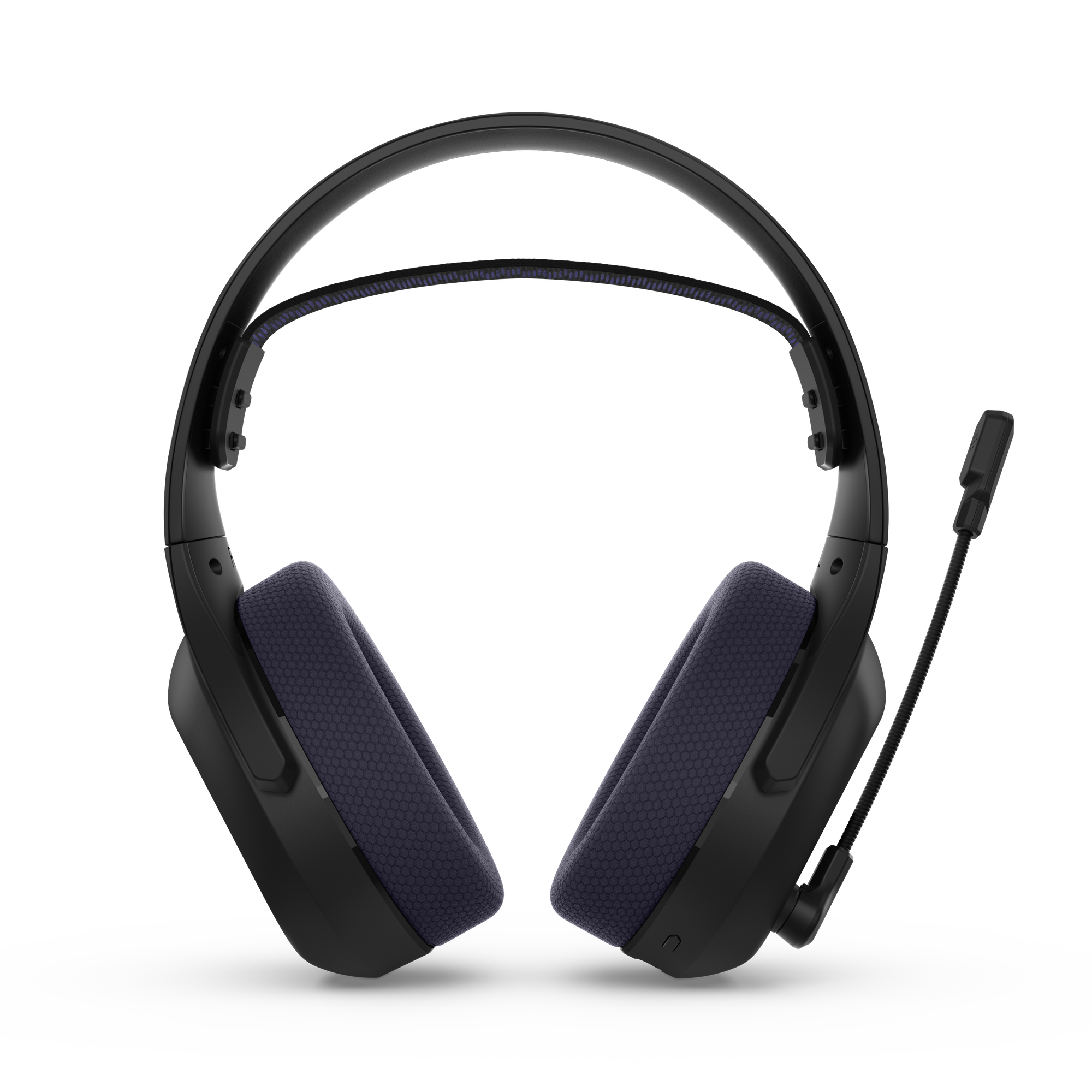 Auriculares supraaurales negros con tela azul y micrófono adjunto sobre fondo negro.