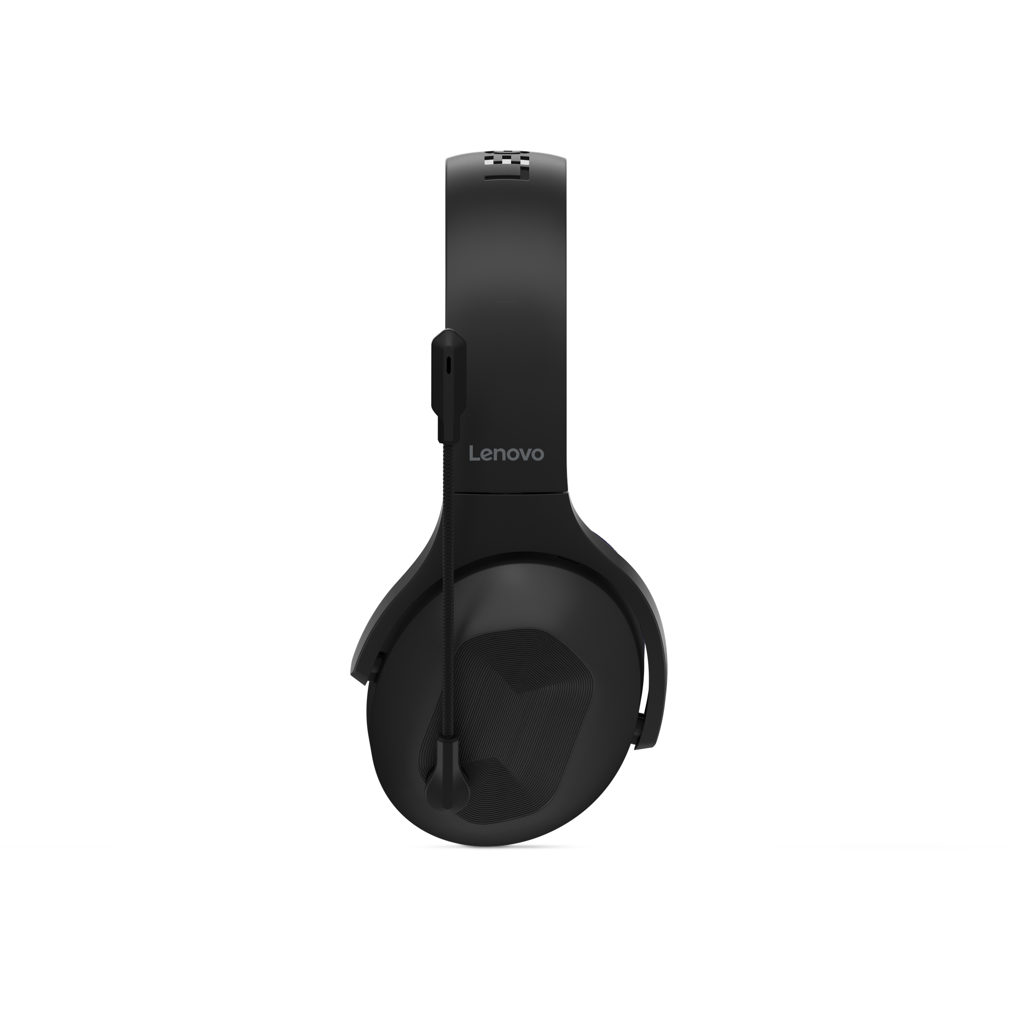 Auriculares para juegos Lenovo negros con micrófono adjunto sobre fondo negro.