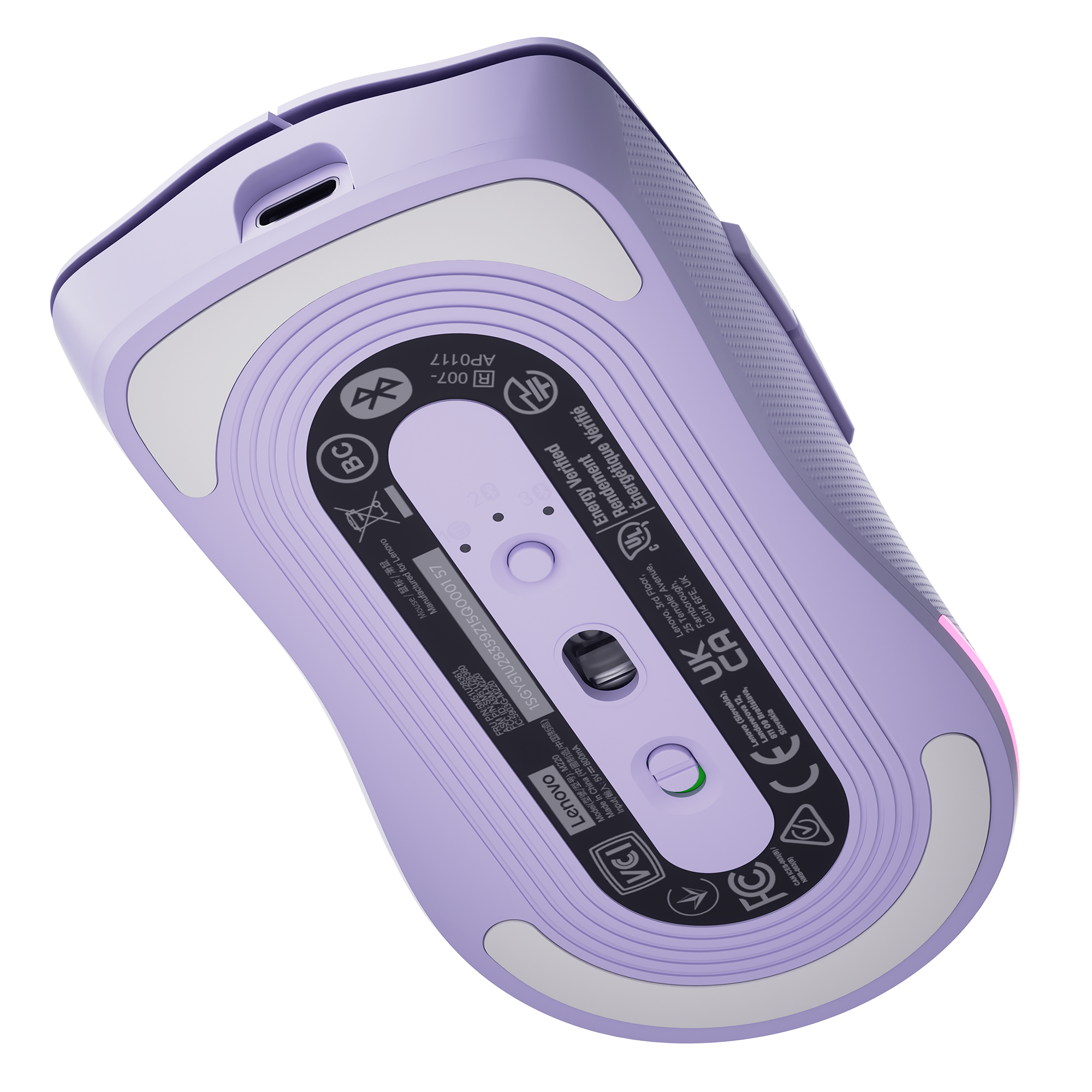 La parte inferior de un ratón de computadora inalámbrico de color morado claro con sensores y etiquetas.