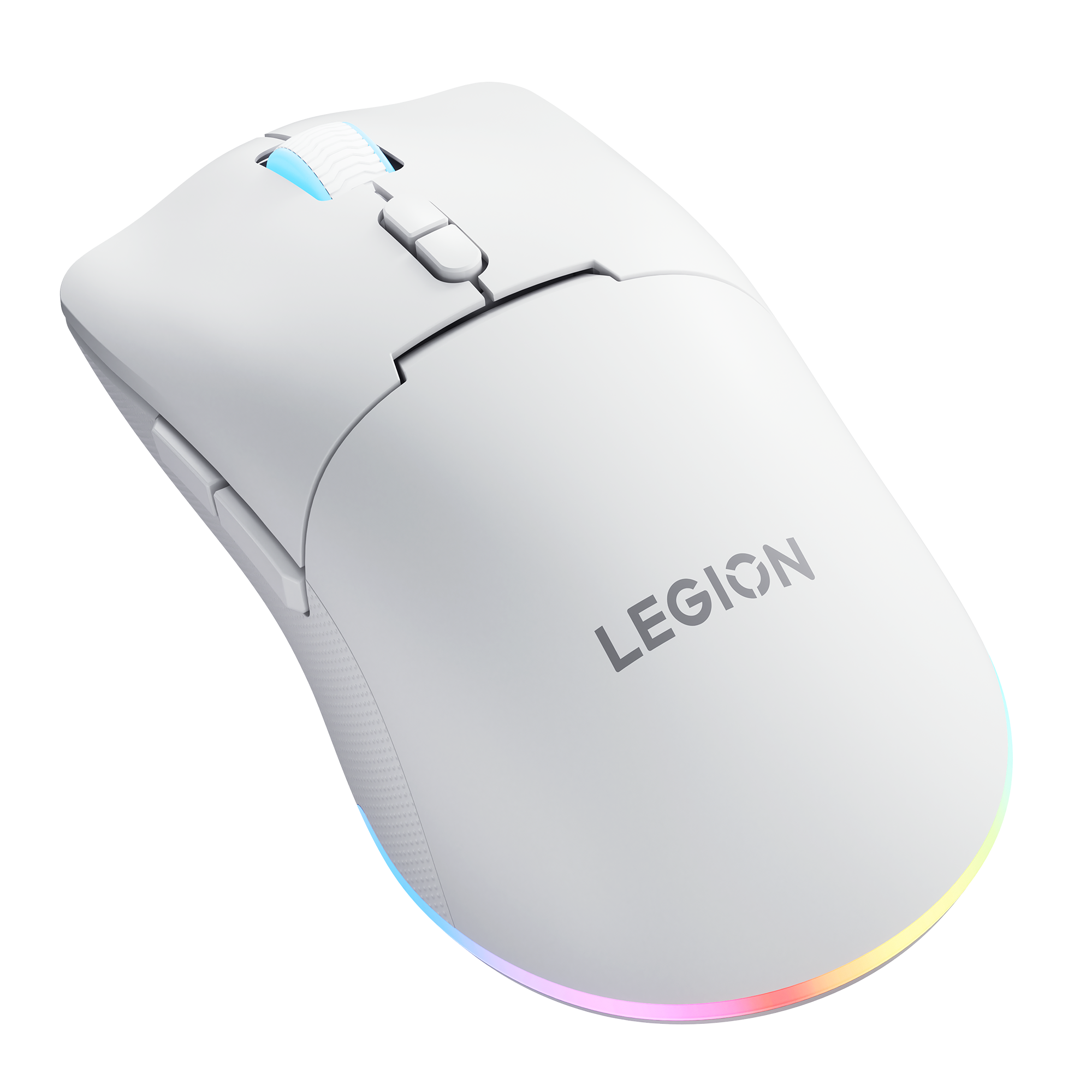 Un ratón de juego Lenovo Legion blanco con iluminación RGB sobre fondo negro.