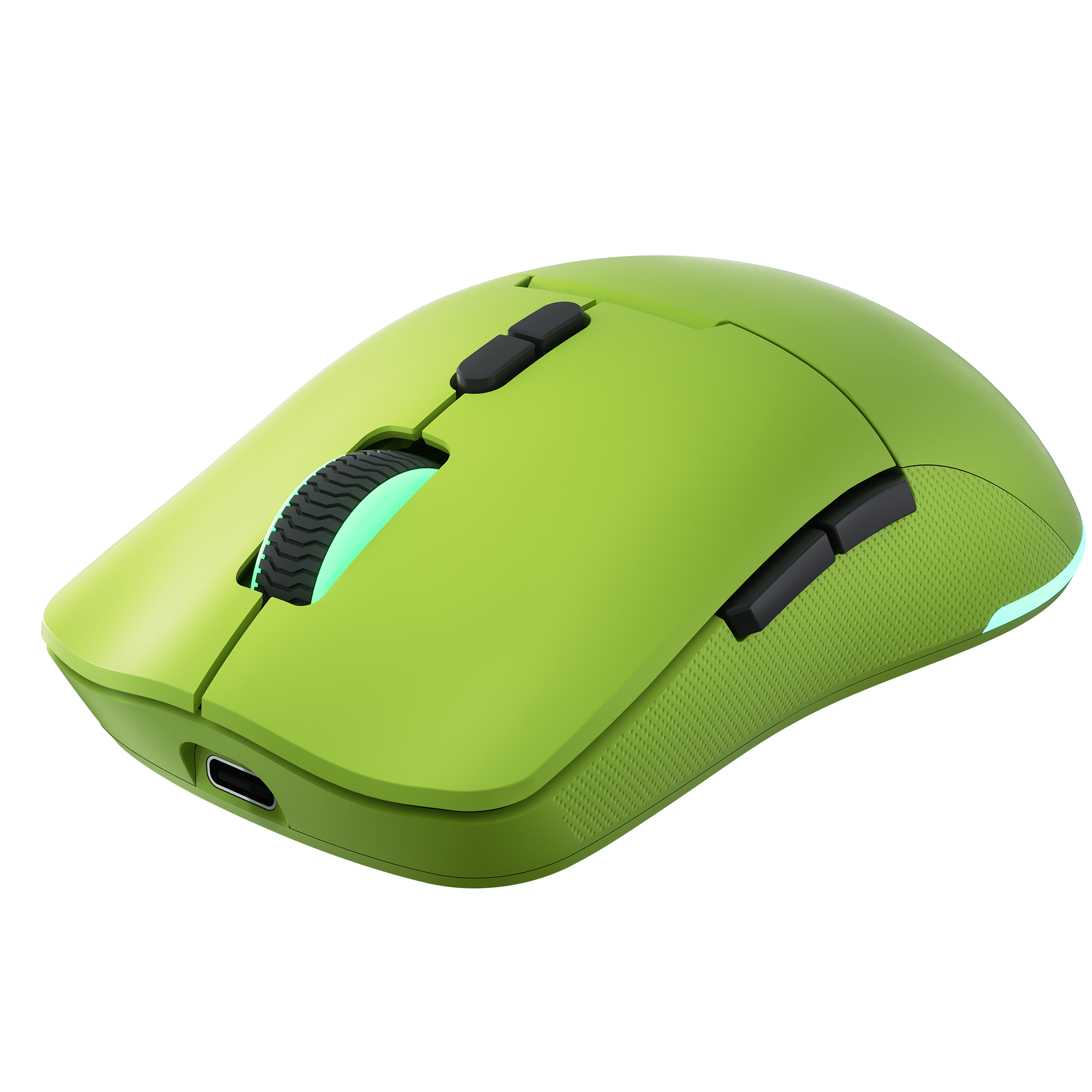 Un ratón inalámbrico verde brillante con botones negros, rueda iluminada y puerto USB-C sobre un fondo negro.