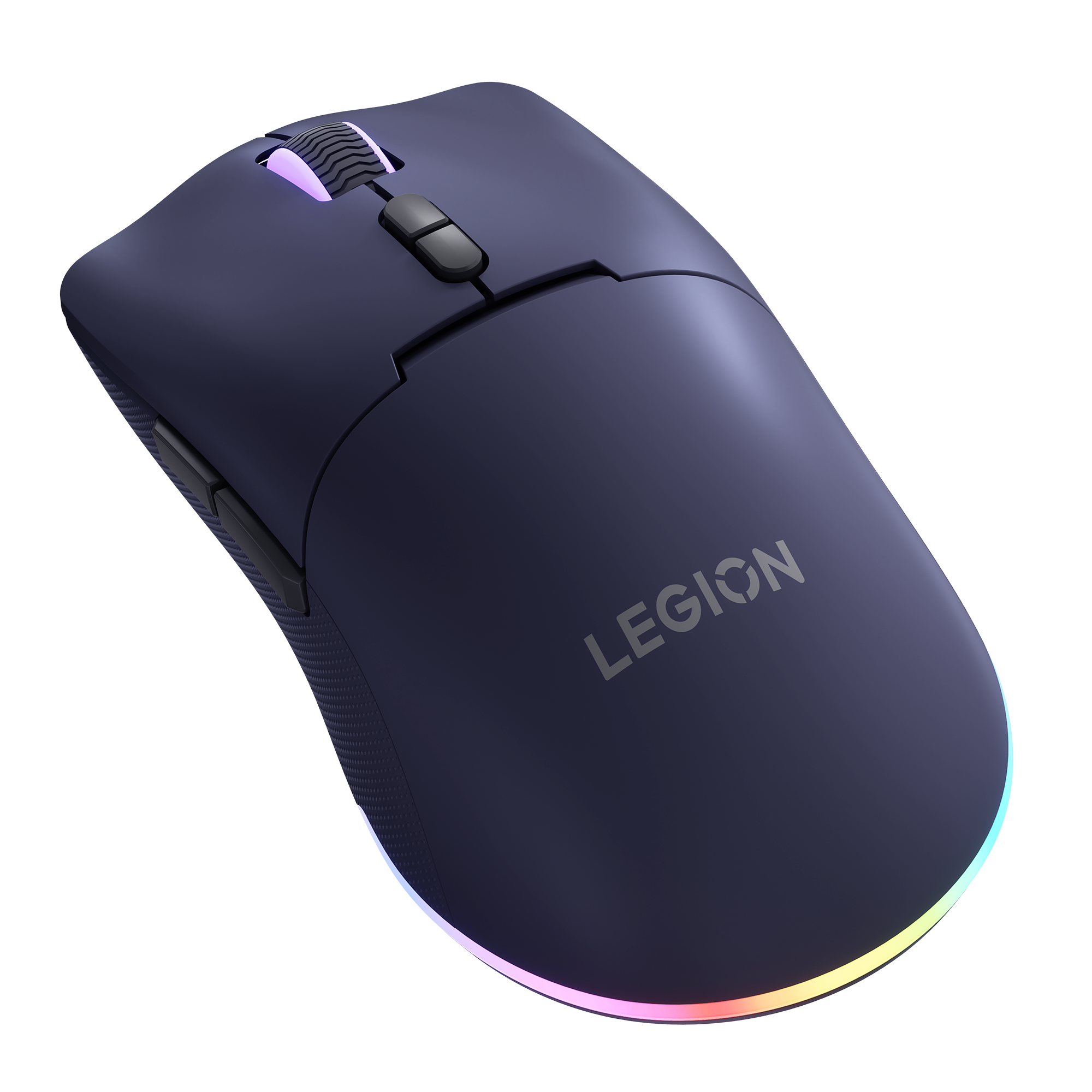 Ratón de juego Lenovo Legion azul oscuro con iluminación RGB y botones laterales.