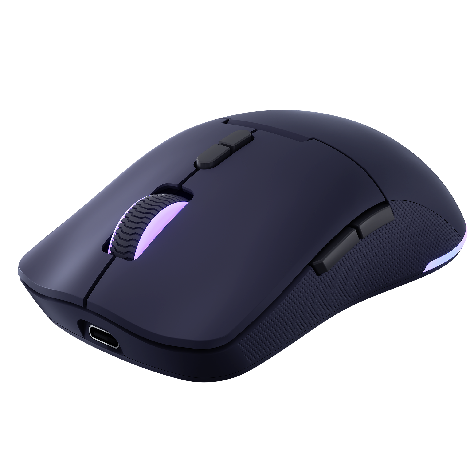 Un ratón de juego inalámbrico negro con iluminación RGB en la rueda de desplazamiento y botones laterales.