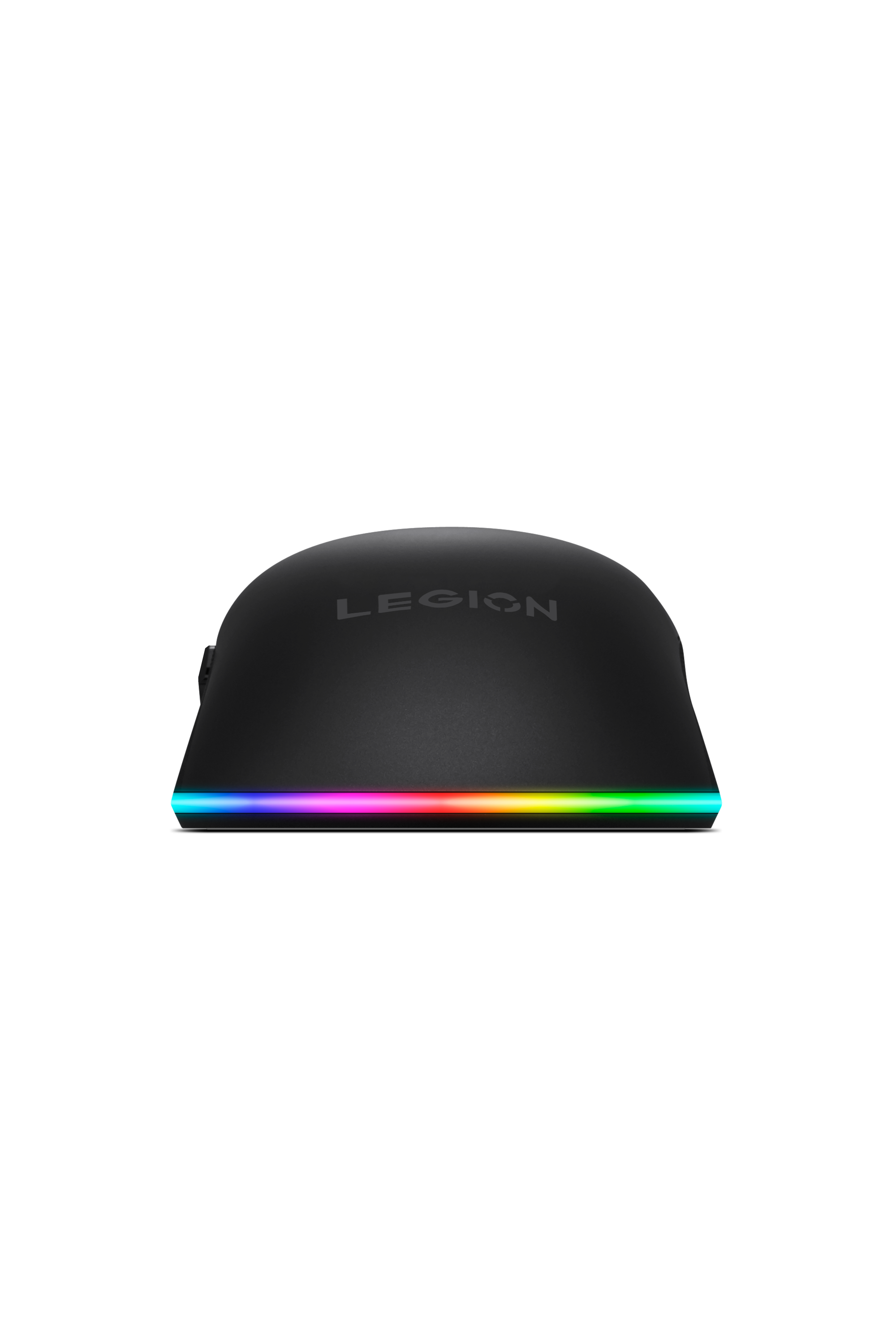 Ratón de juego negro Lenovo Legion con iluminación RGB en la oscuridad.