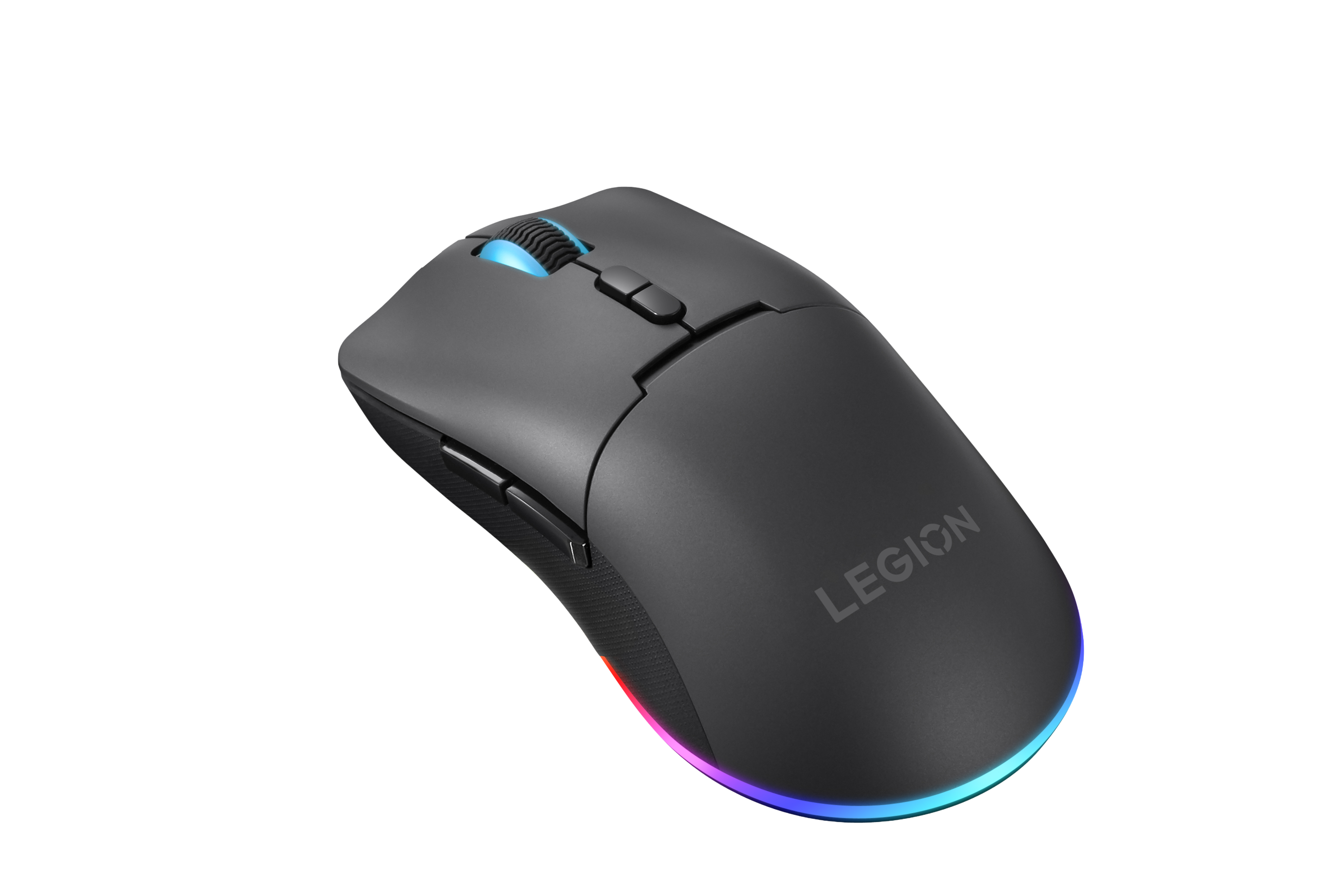 Ratón de juego negro con iluminación RGB y el logotipo de Legion sobre un fondo negro.