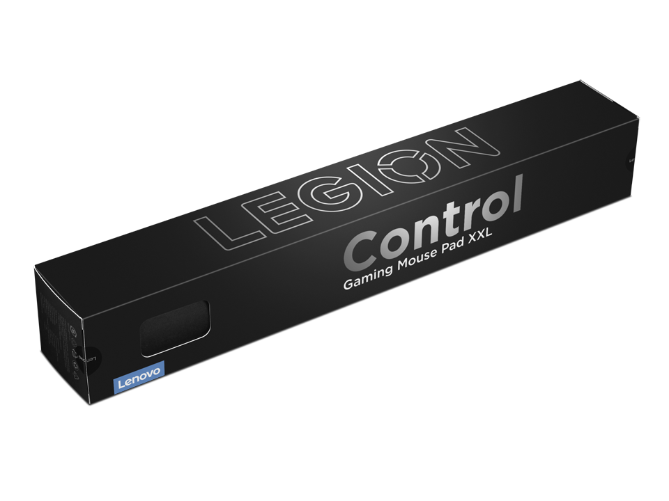 Una caja negra de alfombrilla de ratón Lenovo Legion Control Gaming XXL sobre fondo negro.