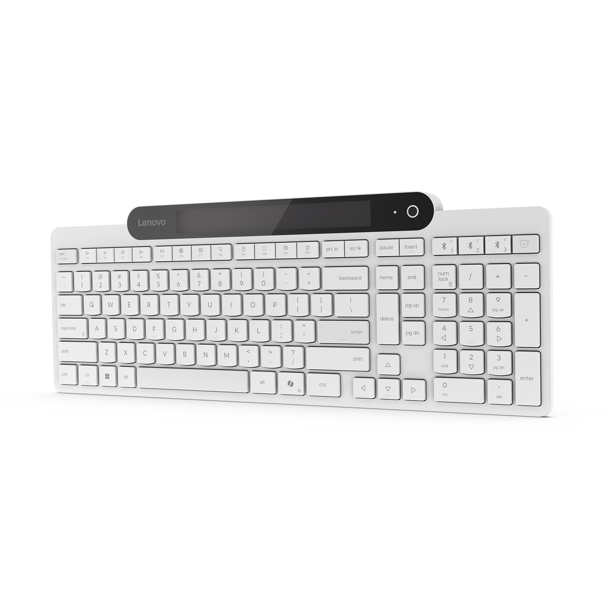 Un teclado inalámbrico Lenovo blanco con barra de pantalla oscura curva arriba, sobre fondo negro.