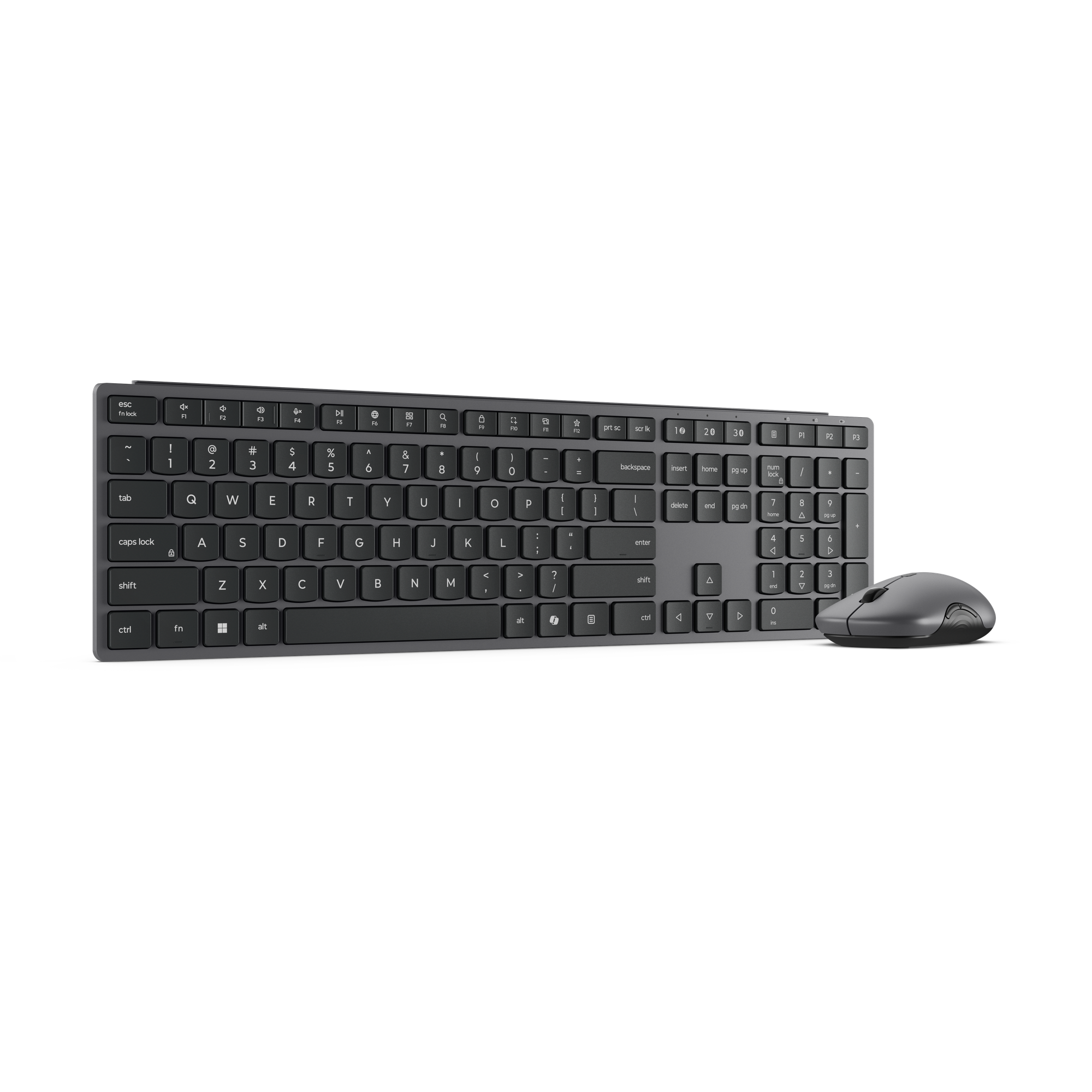 Un teclado de ordenador gris y un ratón a juego sobre fondo negro.