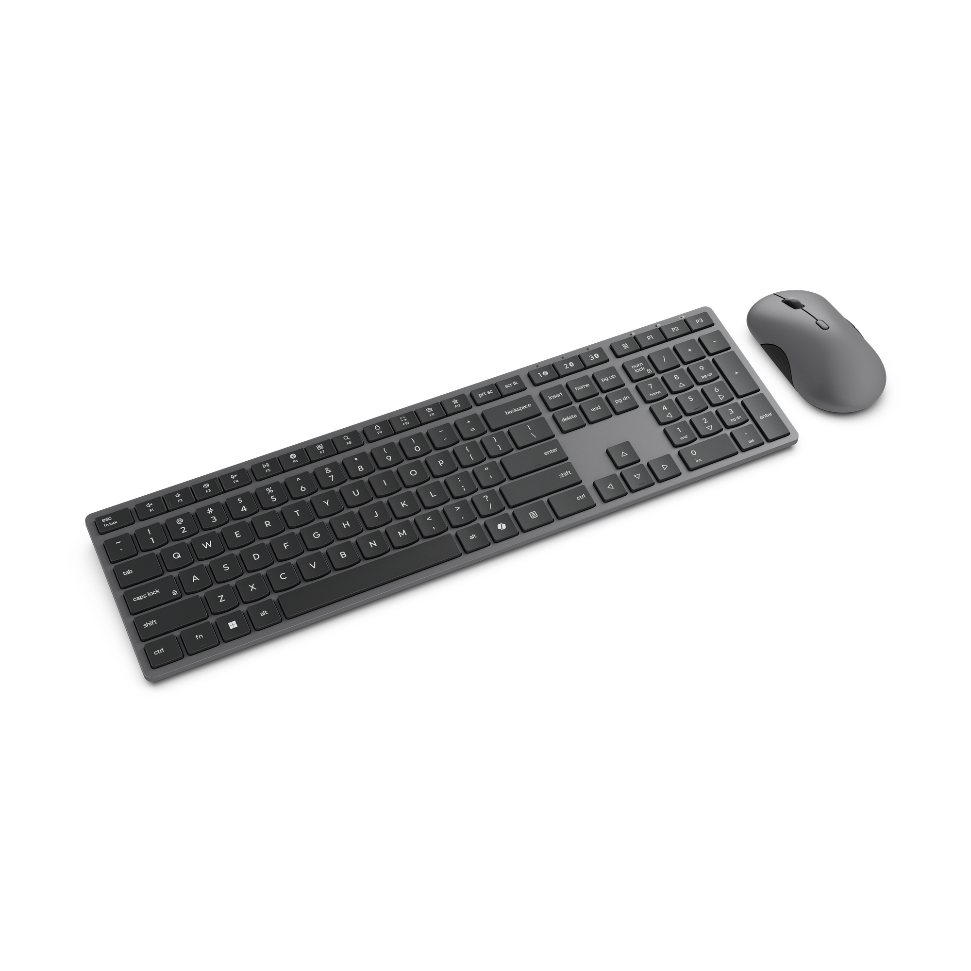 Un teclado de ordenador gris y un ratón de ordenador gris sobre fondo negro.