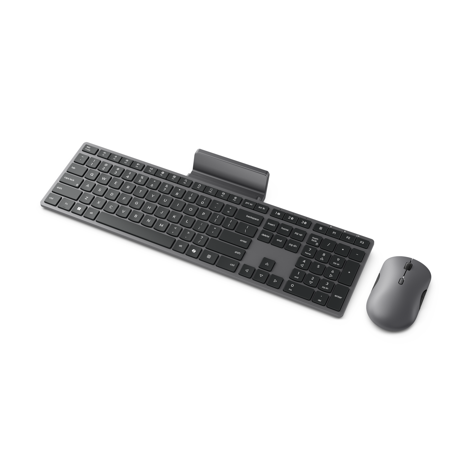 Un teclado gris con soporte para teléfono y un ratón gris a juego sobre un fondo negro.