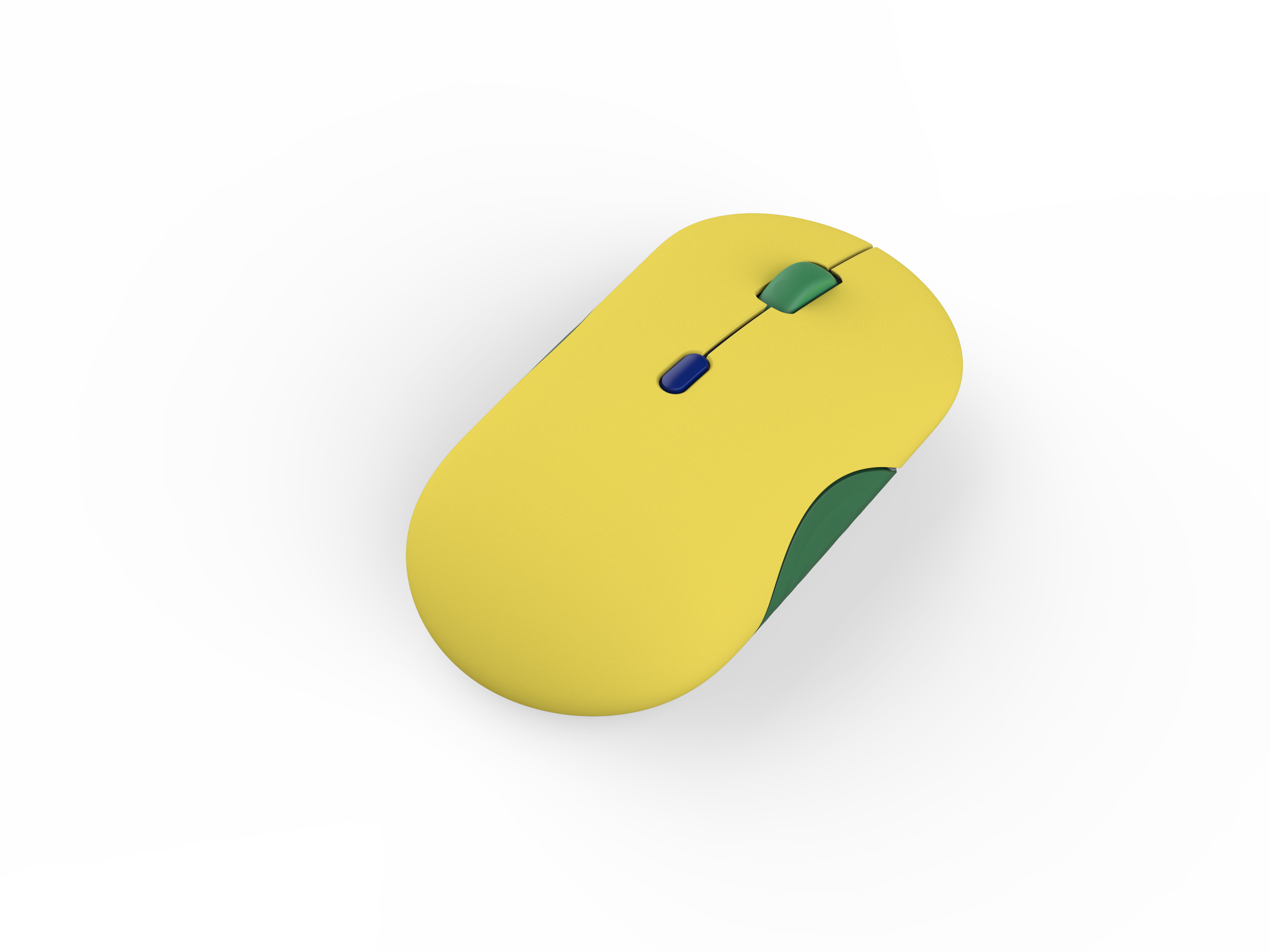 Un ratón de ordenador inalámbrico amarillo con detalles en verde y azul sobre fondo oscuro.