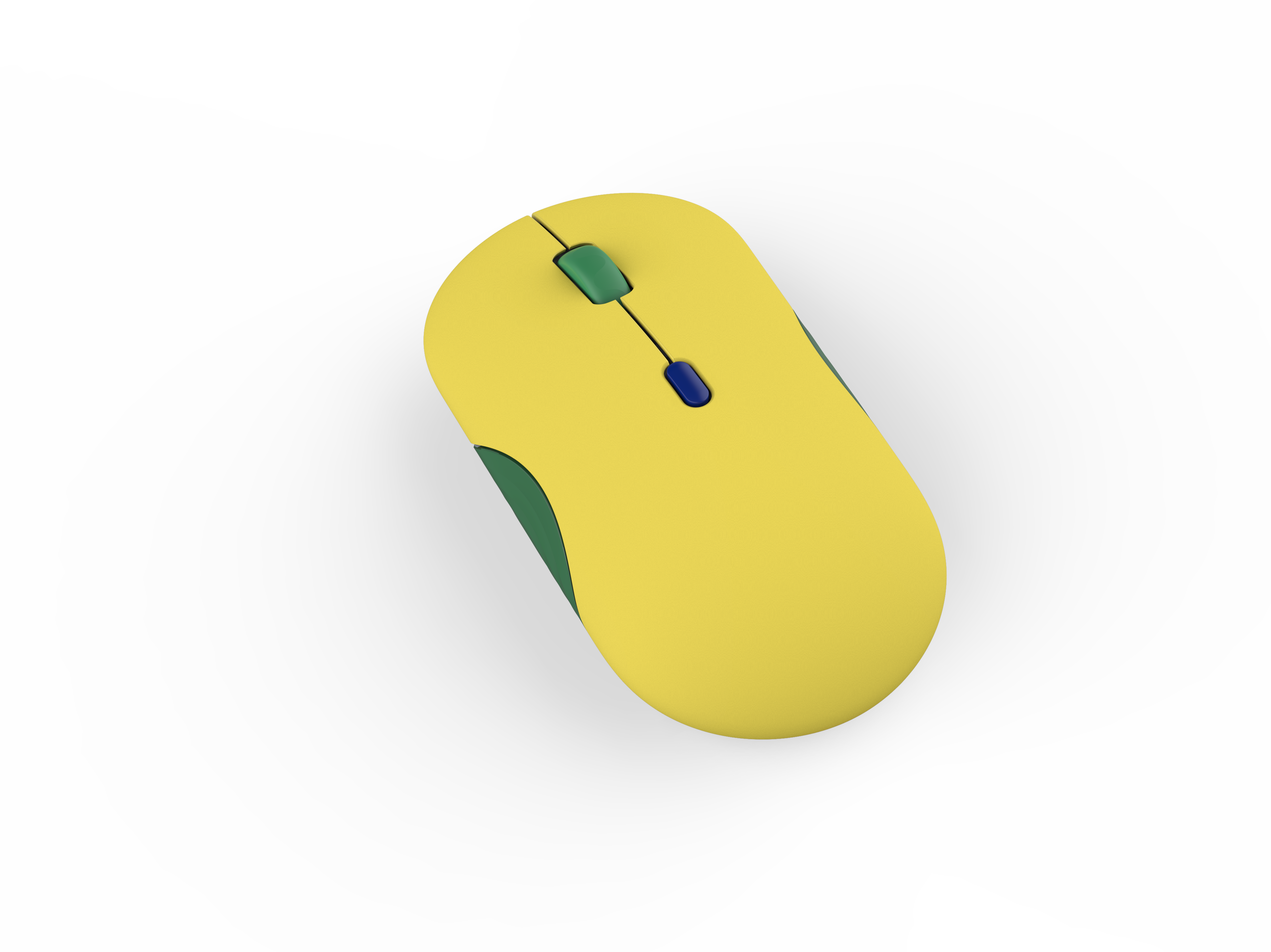 Un ratón de ordenador amarillo con rueda de desplazamiento verde y detalles sobre un fondo oscuro.