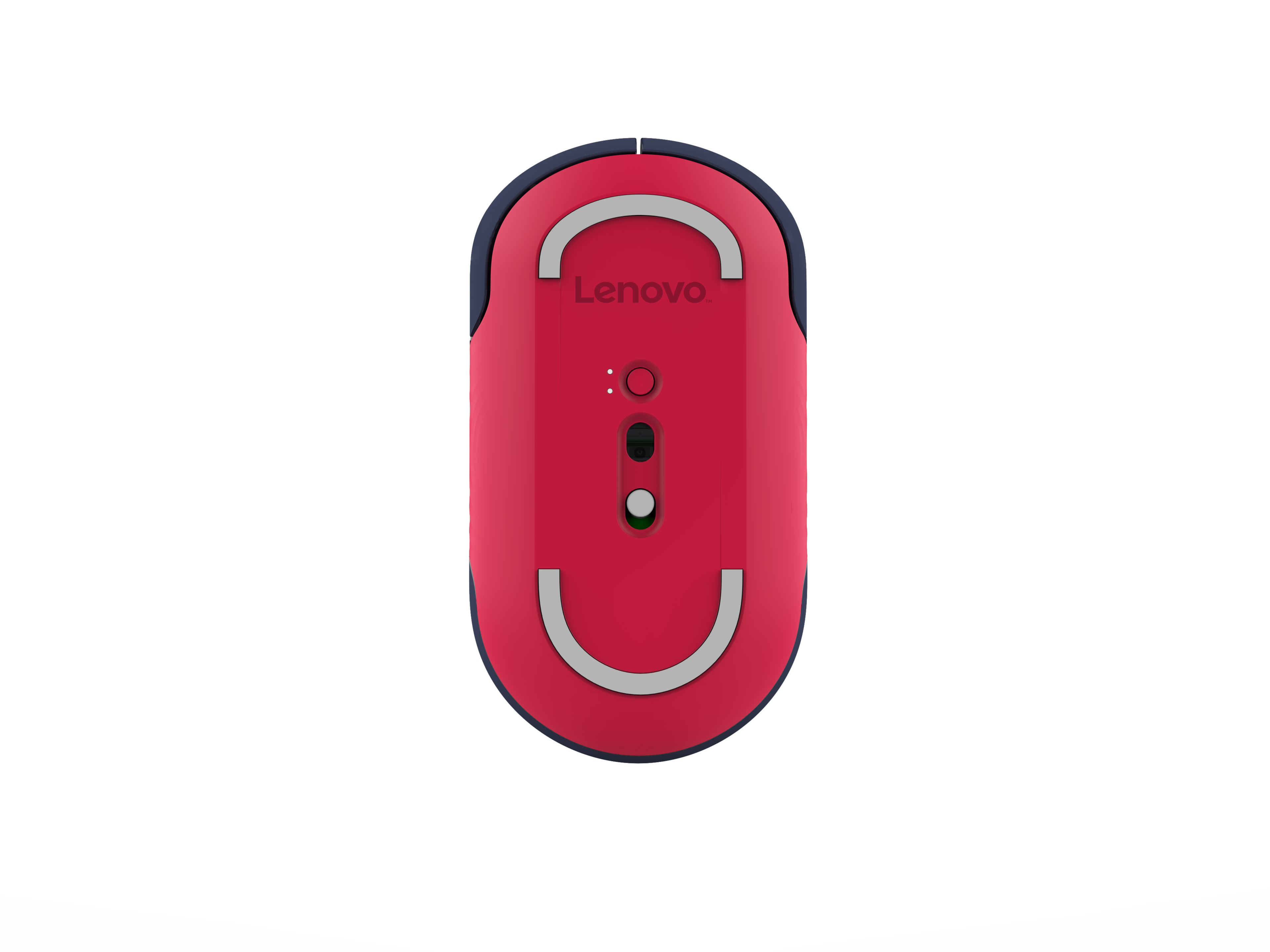 Vista inferior de un ratón de ordenador Lenovo rojo con almohadillas deslizantes grises y sensores sobre fondo negro.