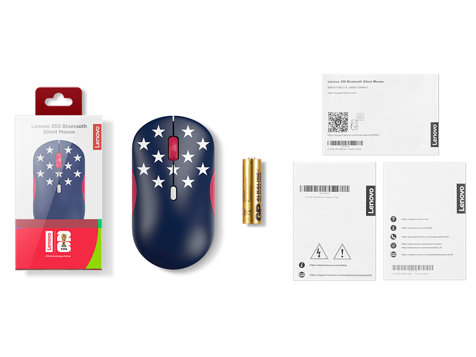 Un ratón Bluetooth Lenovo con patrón de estrellas de EE. UU., caja, pila y manuales sobre fondo negro.