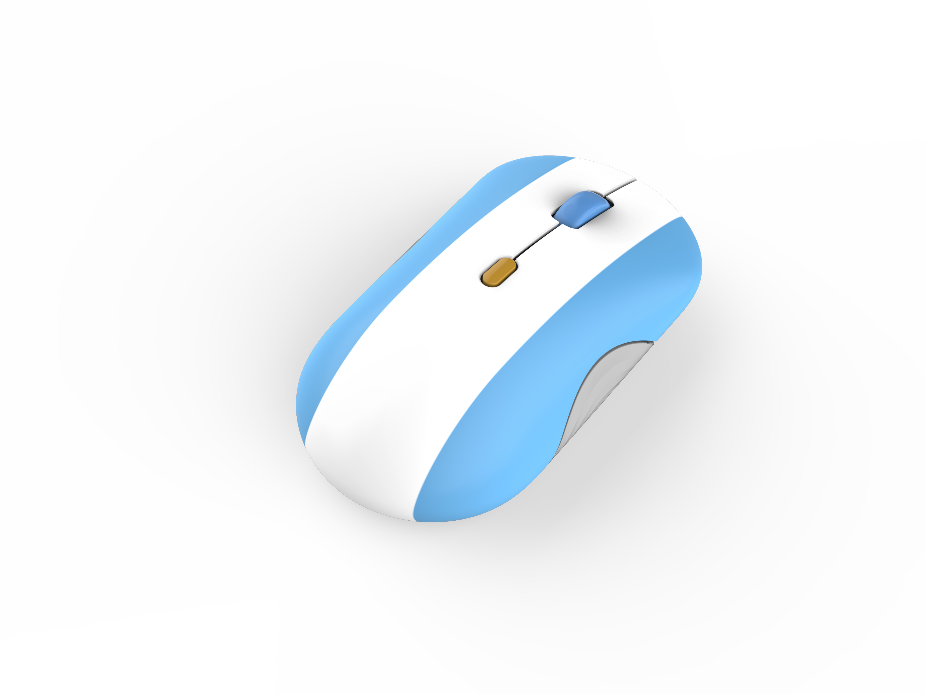 Un ratón de ordenador blanco y azul con rueda de desplazamiento azul y botón amarillo sobre fondo blanco.