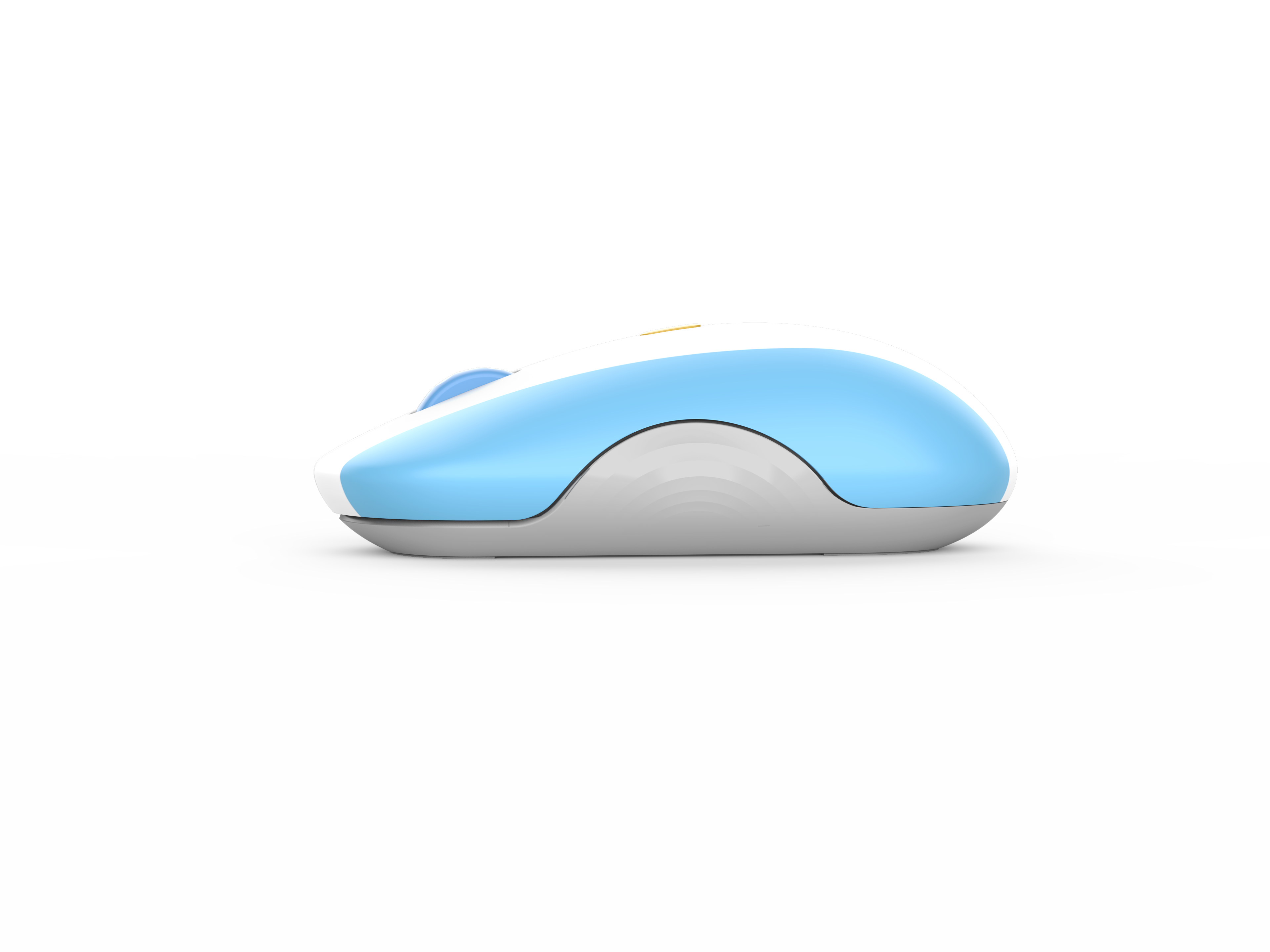 Un elegante ratón de computadora blanco y azul claro en perfil lateral sobre fondo negro con un brillo suave.