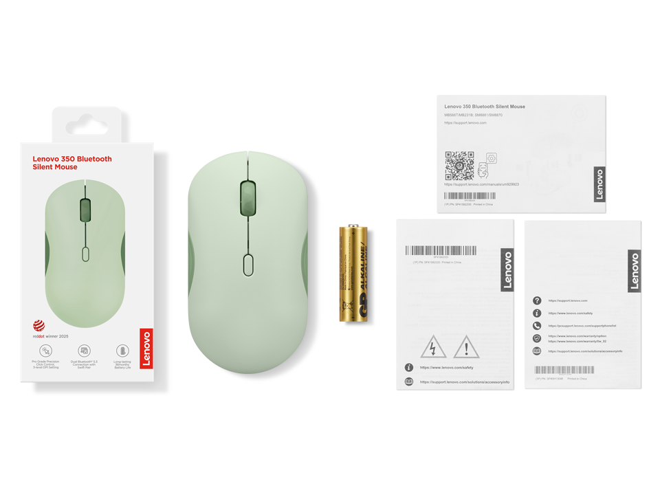 Ratón silencioso Bluetooth Lenovo 350 verde con embalaje, batería y manuales sobre un fondo negro.