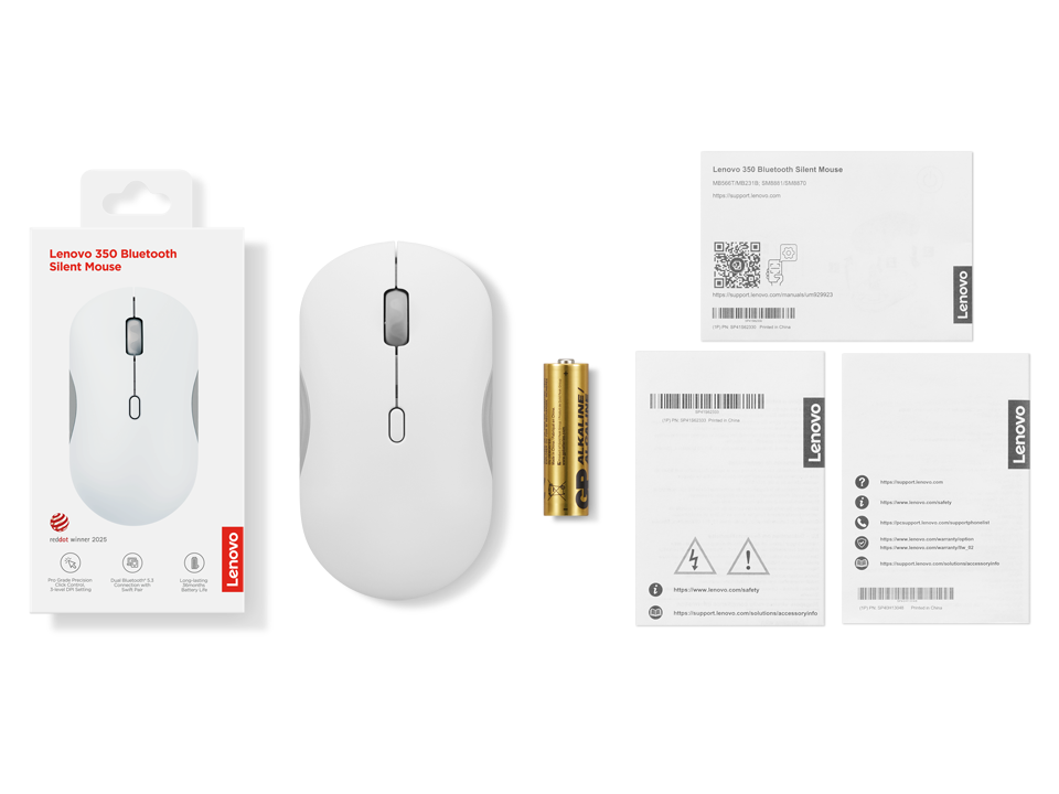 Un ratón Lenovo 350 Bluetooth Silent blanco con su caja, batería y manuales sobre un fondo negro.