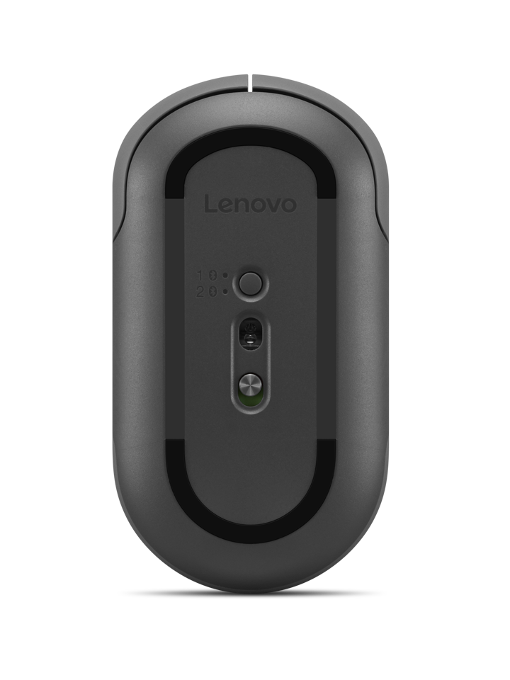 Vista inferior de un ratón de ordenador Lenovo gris con sensor e interruptor Bluetooth.