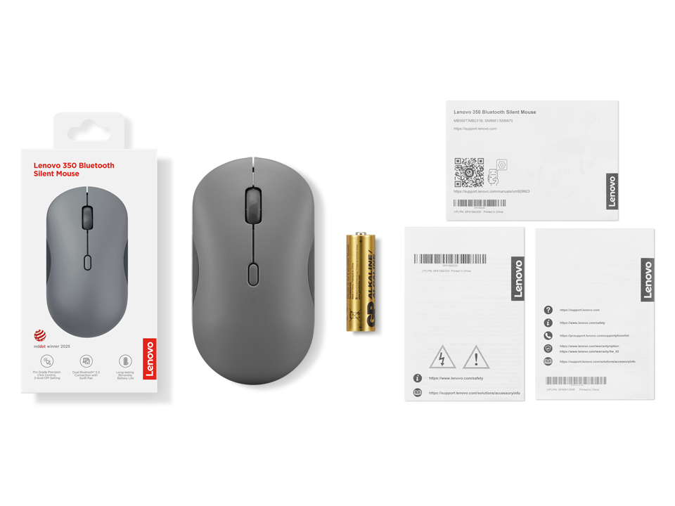 Ratón silencioso Lenovo 350 Bluetooth con su caja, batería y manuales sobre un fondo negro.