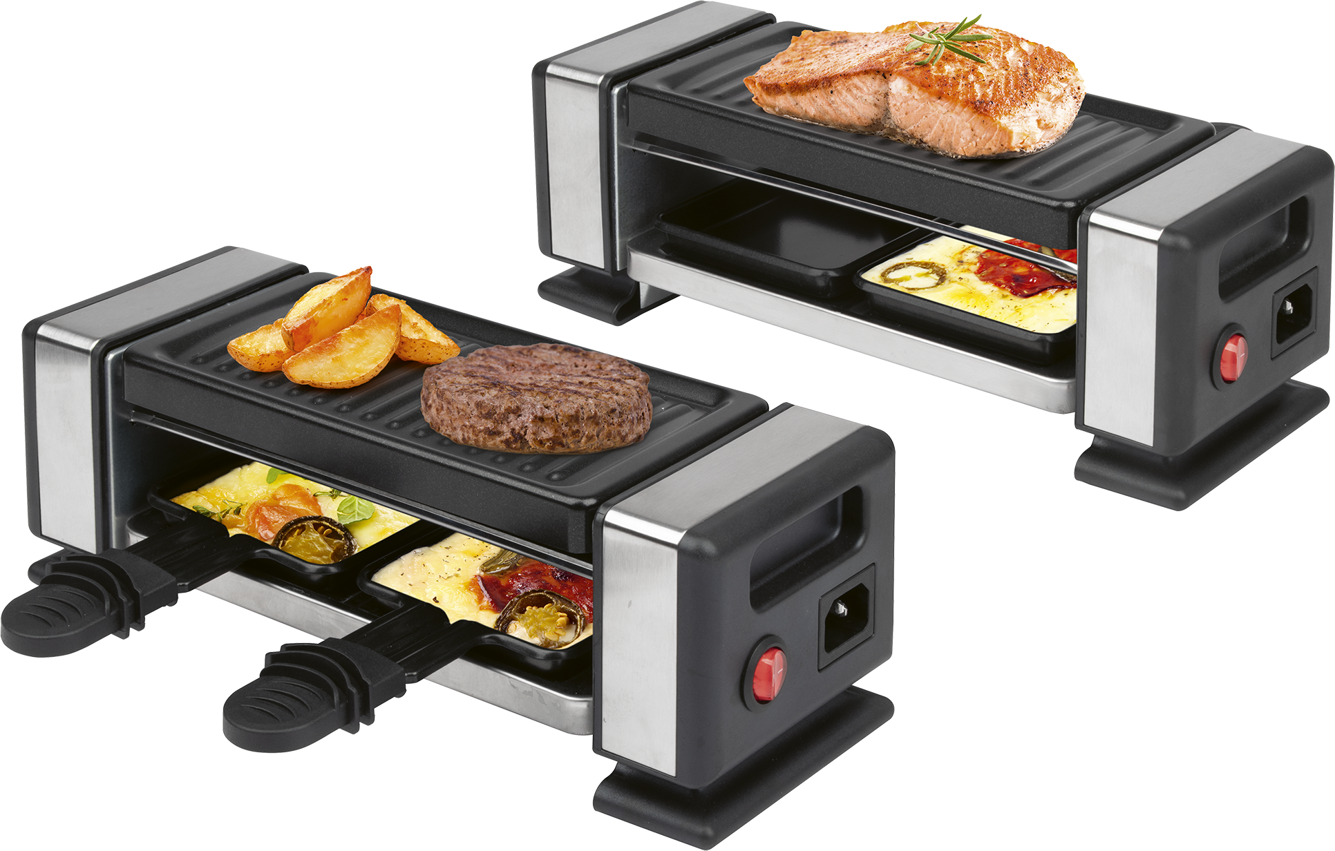 Zwei schwarz-silberne Tischgrills garen Lachs, Burger, Kartoffeln und schmelzen Käse in kleinen Pfännchen.
